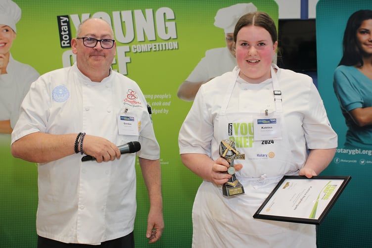 Young Wiveliscombe chef Katrina Nightingale receives her Rotary Young Chef 2024 runner-up award from chef patron and director of Escoffier’s Ltd, Gordon Guthrie.