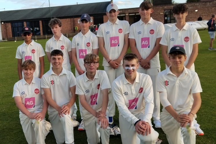 Wellington U15s, back left to right: Shayan Barthakur, William Box, Archie Evans, George Corp, Ethan Charlton, George Davis; front: Ned Kirkham-Vellacott, Thomas Gendall, Oliver Hutchings (capt), Brock Vallance (W/K), Oscar Milton.