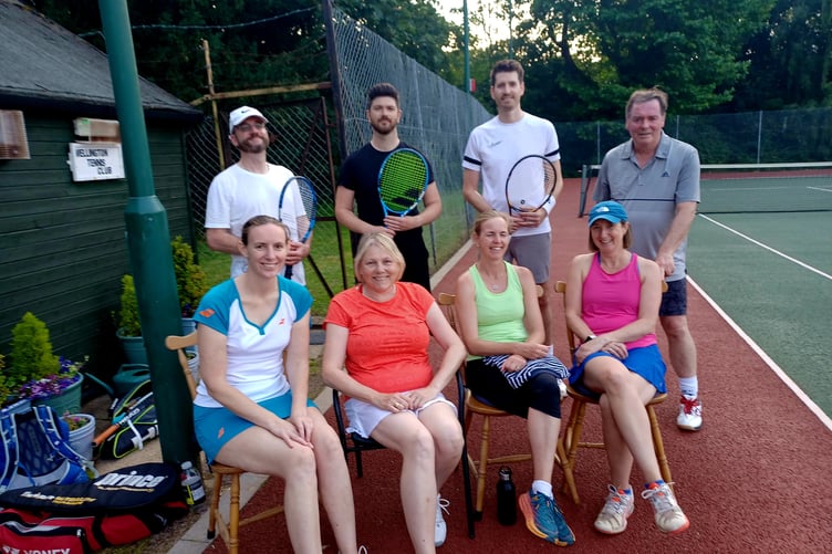 Wellington A and Elms A, back left to right: Phil Cookson, James Cross, Nick and Neil; front: Liz Deem, Sue Rackley, Emma and Jo.