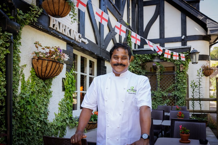 3 Flavours Kitchen chef Chanaka Fernando outside The Rock Inn, Waterrow, near Wiveliscombe.