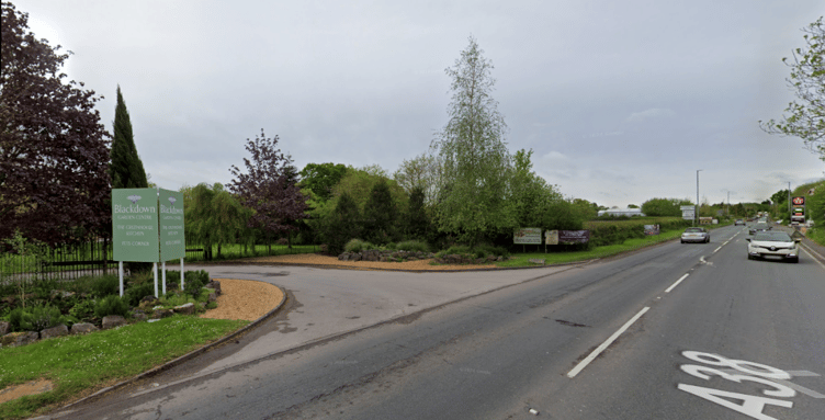 The existing access to Blackdown Garden Centre of the A38 near Wellington.