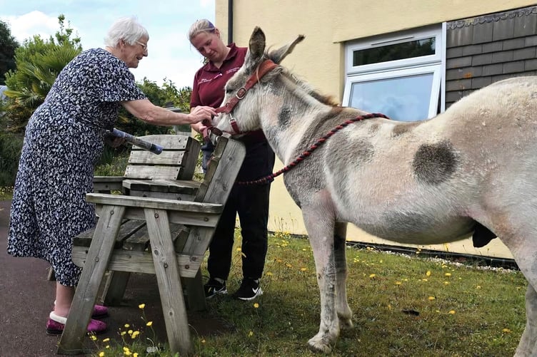 Camelot House resident Joyce Vickery meets Charlie the donkey and handler Kelly Baker.