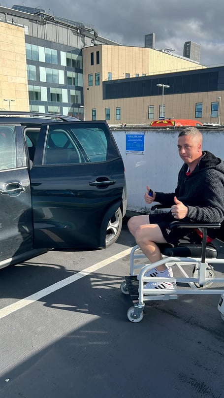 Danny Wyatt returning home to Wellington from hospital after his operation.