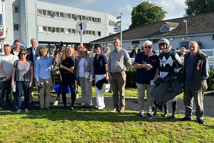 Via Dante in the winners enclosure at Newton Abbot with David and Jack Pipe,Neve Daniel leading the horse, jockey Jack Tudor with winning connections.