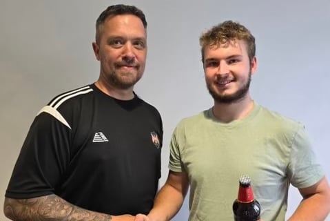 Man of the Match Cam Perry-Jones with joint manager Matt Groves