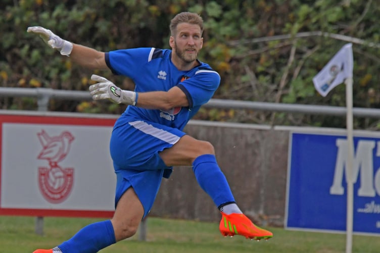 Wellington goalkeeper Jake Viney in action against his former club Bridgwater United last weekend