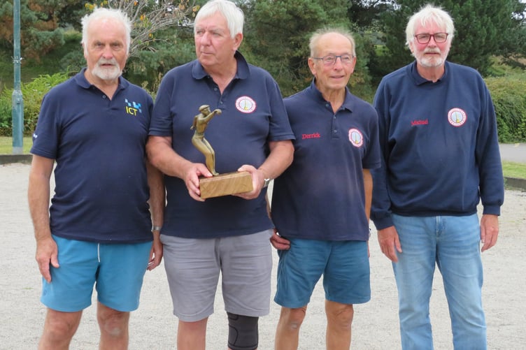 Champions  - left to right Geoff Sully, Eddie Gozna, Derrick Tron, and Michael Wheatley with the Devon League Trophy