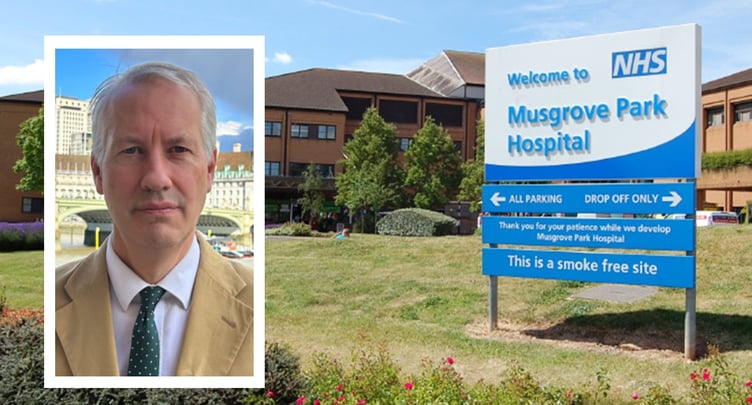 Gideon Amos and Musgrove Park Hospital (Photo: Gideon Amos MP Press Office)