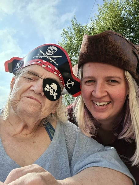 Camelot House and Lodge enjoys pirate themed celebrations - L- R Resident Linda Shute; Alice Jacobs, activities assistant (Photo: Camelot House and Lodge)