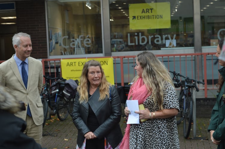 Liz Hitchun, co-Director of GoCreate Taunton, speaking at the unveiling of the new mural in Taunton with her colleague Jenny Keogh. Gideon Amos MP attends the unveiling. (Photo: Tindle News)