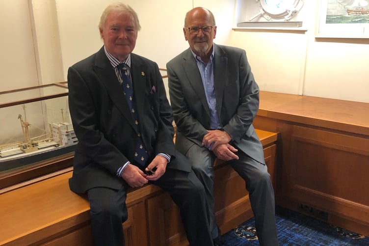 Wellington Cllr Keith Wheatley (right) on board HMS Wellington with ship trustee Glyn Evans.