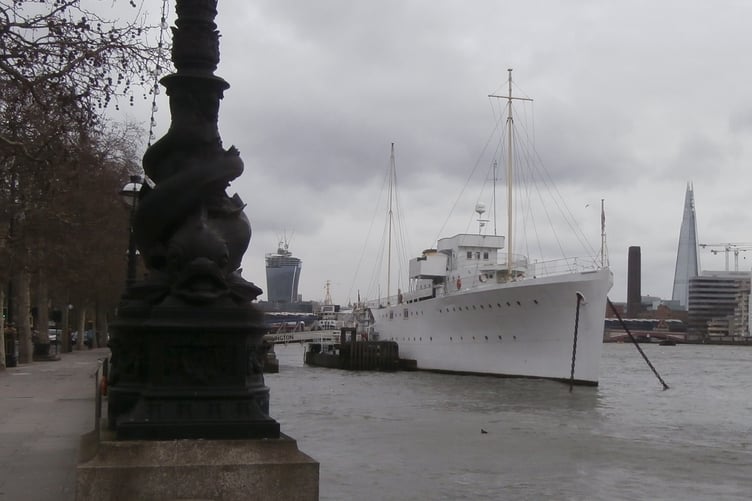 HMS Wellington moored on the River Thames, in London.