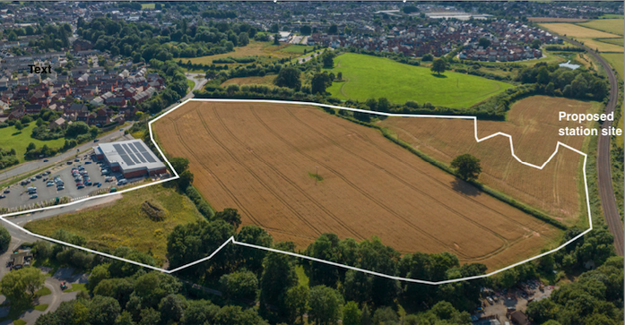 The approved housing site outlined on land behind Wellington's Lidl supermarket with the proposed railway station location indicated to the upper right. PHOTO: Kitchener Land and Planning.