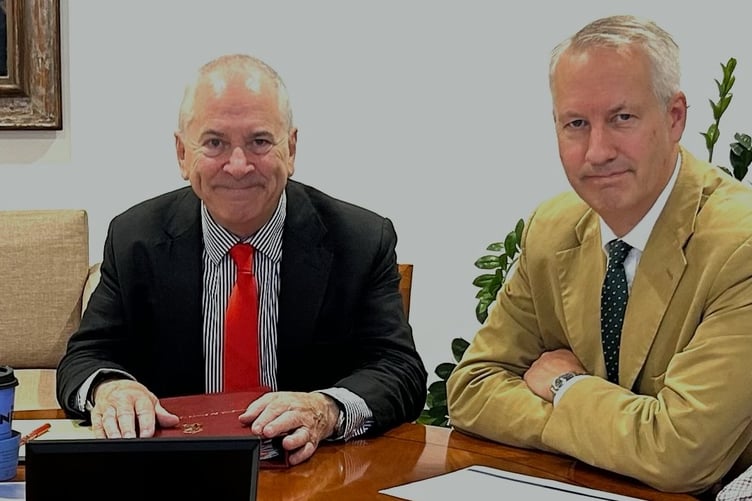 Wellington MP Gideon Amos (right) meets Rail Minister Lord Hendy to discuss the town's railway station project.