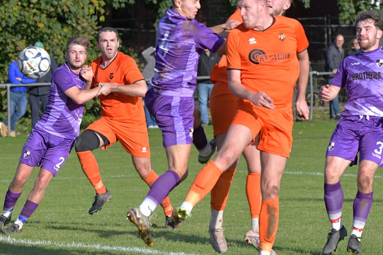 Matt Crawley heads Wellington's second goal in the 2-1 home win over Shepton Mallet a fortnight ago.