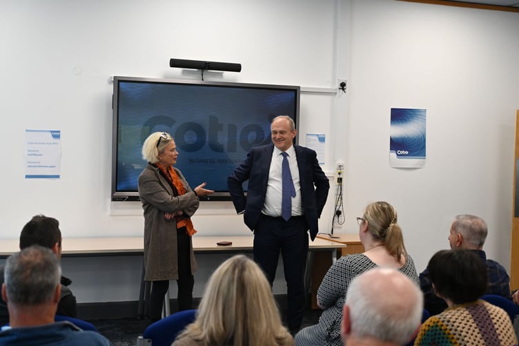 MP Rachel Gilmour with Liberal Democrat leader Sir Ed Davey meeting small business owners in her Tiverton and Minehead constituency.
