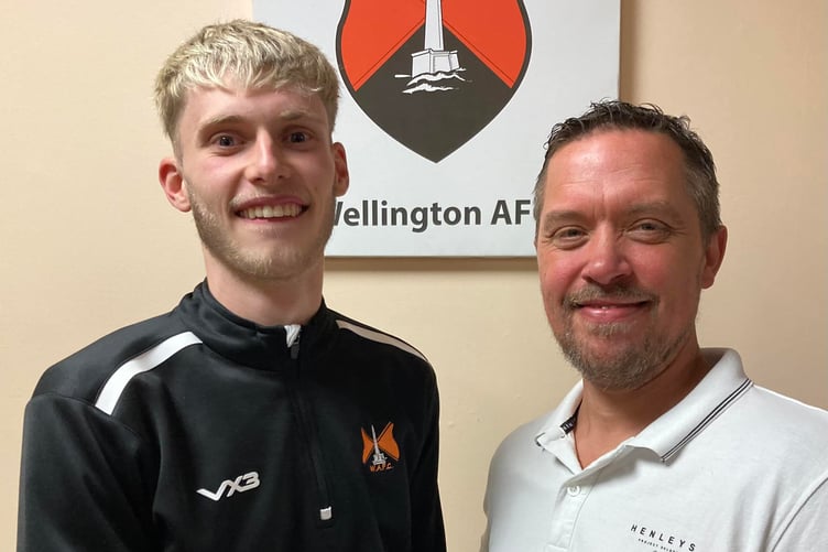 Jordan Sellick (left) was Wellington A's Man of the Match and he is congratulated by joint manager Matt Groves