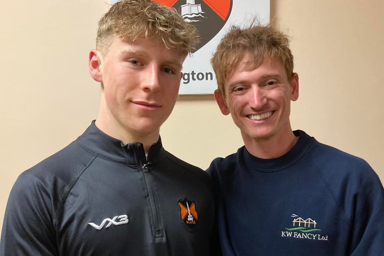 Wellington's Man of the Match Sam Gleeson (left) with Tom Fancy, of sponsors K W Fancy Ltd