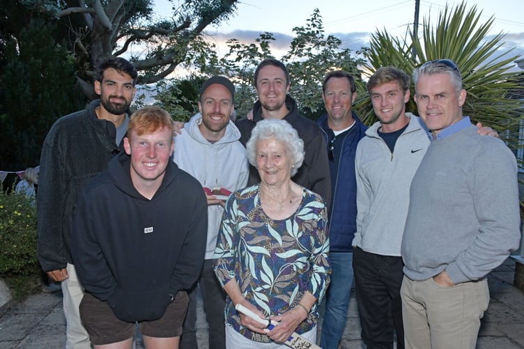 Mary Elworthy-Coggan at her 30th anf final BBQ this summer with, left to right: Andy Umeed, James Rew, Jack Leach, Tom Kohler Cadmore, Marcus Trescothick, Tom Lammonby and Jamie Cox.