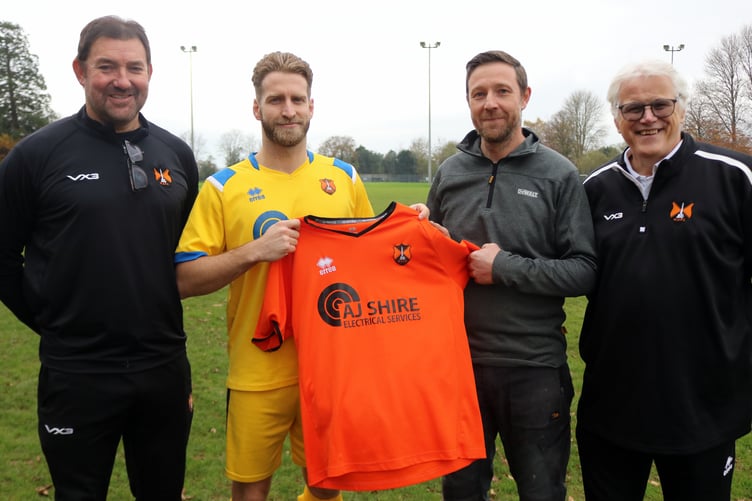 AJ Shire Electrical and Solar Services co-owner Adam Croft, second from right, is pictured with, from left, Richard Cherry (manager), Jake Viney (vice-captain) and Mike Hall (chairman).