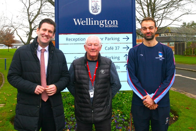 Brian Ashton, head coach England Rugby, with Wellington School head Alex Battison and Director of Sport Luke Foot