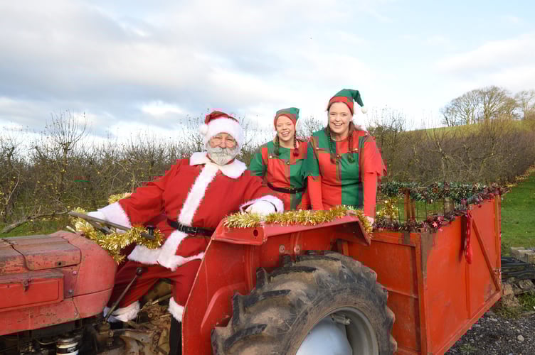 Santa arriving on a vintage Massey Ferguson 135 tractor with his elves on the back.