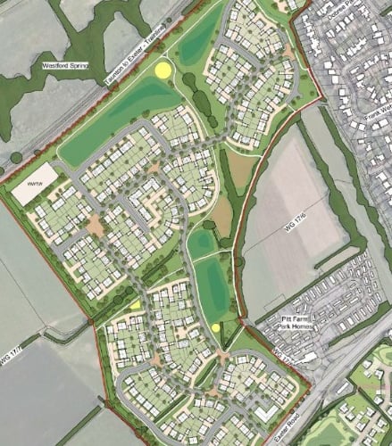 Plans for 315 homes and convenience store on Exeter Road in Rockwell Green (Graphic: FPCR)