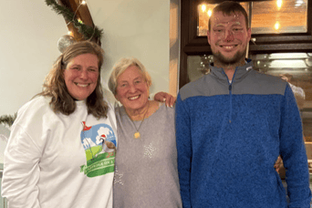 Left to right: Helen White, mixed golf organiser, with winners Rosemary Webber and grandson Thomas Bordier