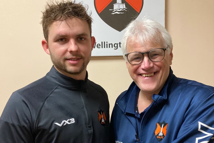 Skipper Sam Towler was Wellington's Man of the Match and he is pictured with chairman Mike Hall, on behalf of F&R Products, who sponsored the game.
