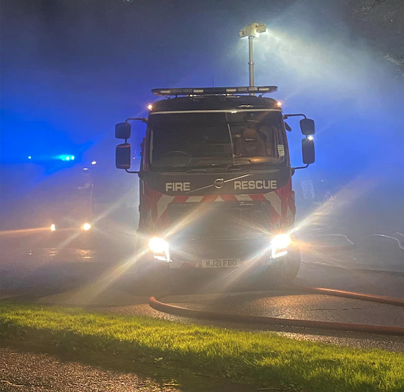 Fire crews from Wellington tackled a log cabin blaze near Uffculme in the early hours of Friday. PHOTO: DSFR.