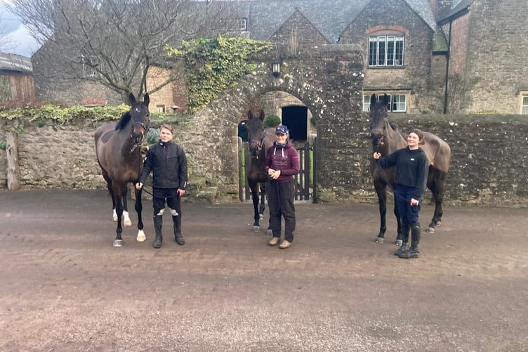 Sandhill’s three winners at Taunton, left to right -
Langley Hundred with Joe Rashleigh, Tiny Tetley and Louisa Zeale and Tom Doniphon and Evie Hall.