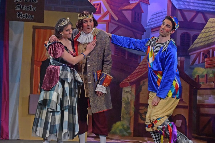 jack and the beanstalk pantomime (L-R): Princess Jill (Micaela Sellick), King Crumble (Nick Riley), Silly Simon (Richard Matravers)