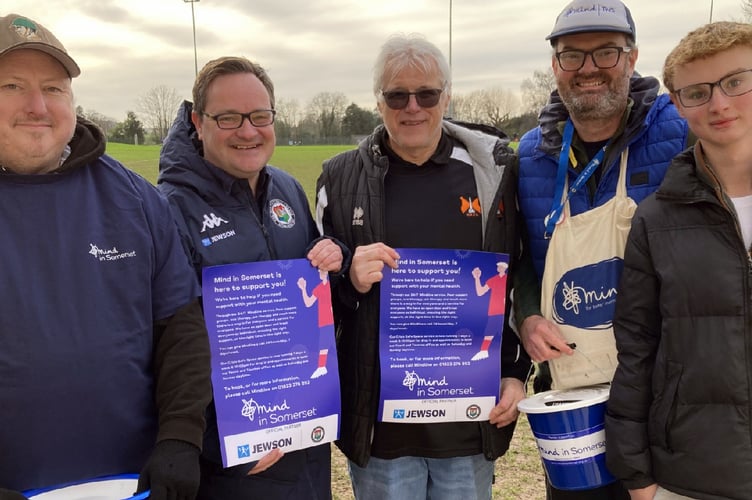 From left, Gav Derbe (Mind), Ian Nockolds, Mike Hall (Wellington AFC chairman), Andrew Pritchard (Mind’s Chief Opoerating Officer) and Nile Pritchard.  