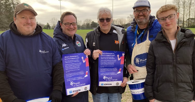From left, Gav Derbe (Mind), Ian Nockolds, Mike Hall (Wellington AFC chairman), Andrew Pritchard (Mind’s Chief Opoerating Officer) and Nile Pritchard.
