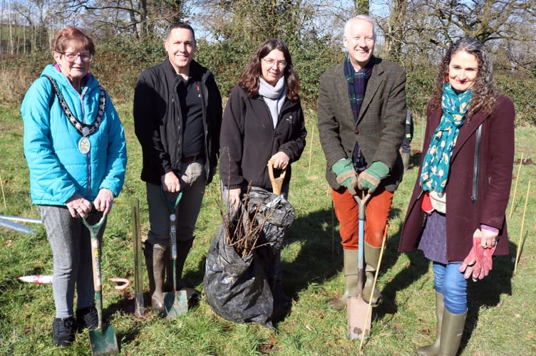 From left, Cllr Lloyd, Darren Hill (Open Spaces Manager, Wellington Town Council), Rosie Walker (Regional External Affairs Officer, Woodland Trust), Gideon Amos and his wife Caro.
