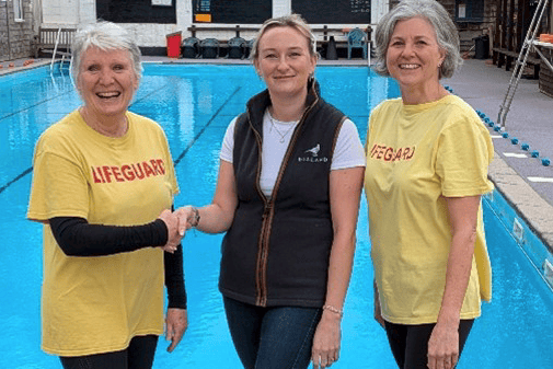Wivey Pool chairman Liz Hurry (left) and lifeguard Julie Christian with the Bulland estate's Lisa Selley kick-starting a fund-raising drive.