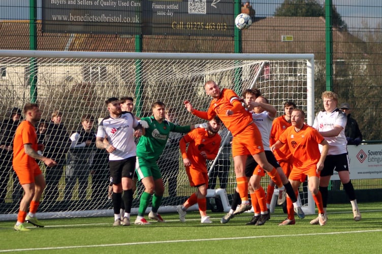 Goalmouth action from Wellington's 6-1 defeat at Portishead (Photo: Around Wellington)