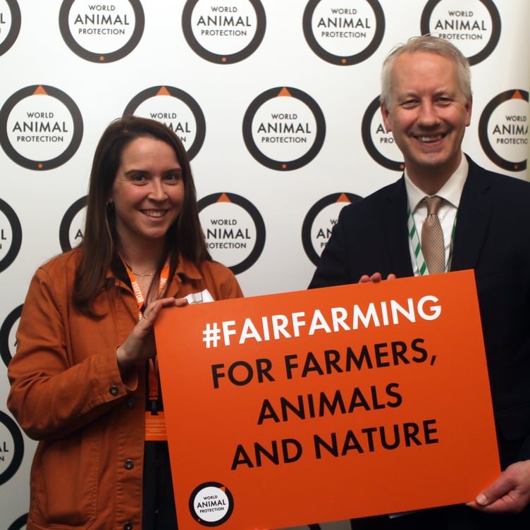 Gideon Amos is pictured at the launch with Annie Rayner, a specialist in farm animal welfare whose farm is featured in the report