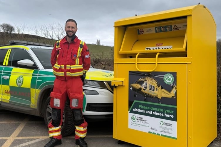 Dorset and Somerset Air Ambulance’s Somerset Out Reach Car (SORC) and Specialist Practitioner Nick Richards - A new fundraising clothing bank in aid of Dorset & Somerset Air Ambulance has been launched at Rumwell Farm Shop