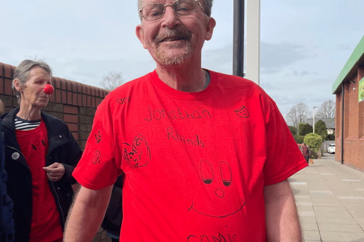 Jonathon Rhinds wears his personalised Red Nose Day t-shirt to fundraise on Friday, March 21