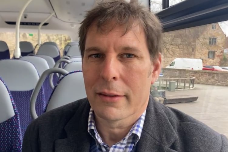 Somerset Cllr Richard Wilkins on board one of the new electric buses. PHOTO: Daniel Mumby.