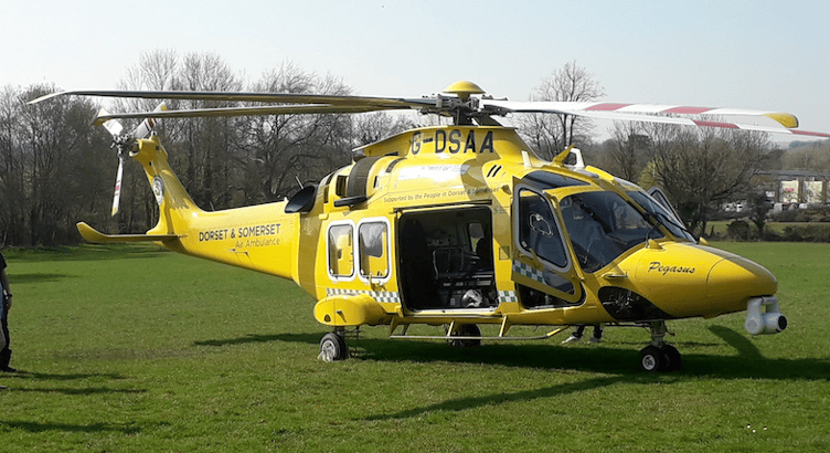 Dorset and Somerset Air Ambulance in Wellington Recreation Ground. PHOTO: Chris Penney.