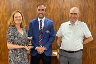 Winners of the Pattemore Cup Mixed Greensomes Competition, centre Richard Goodman club captain, left Kate Foster and  Steve Cross.