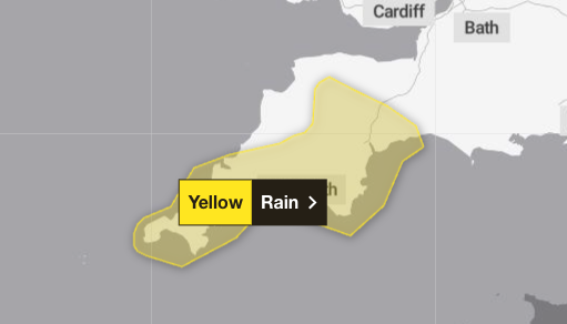 A yellow weather warning for rain has been issued for the south west