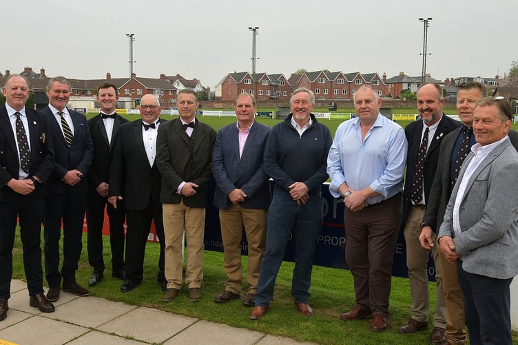 Wellington Rugby Club officials with Mike Teague (centre), Peter Winterbottom and Dean Richards