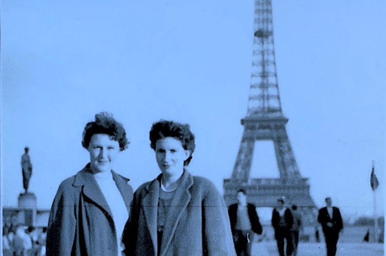Photo: Barbara Pearson and Marianne Duddilieu beside the Eiffel Tower in Paris in the year that they met, 1958 - the two were allocated as pen pals on VE Day, 1945. This year, they celebrate 80 years of friendship