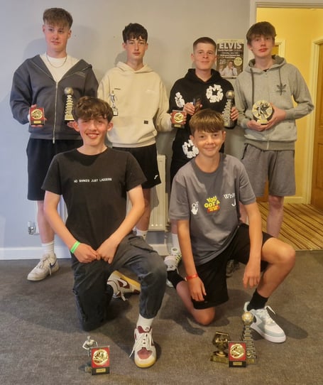 Trophy winners, rear from left, Filip Lutrek - manager’s player; Freddie Jarmen - supporters’ player; Zac Collins - manager’s player; Charlie Langley - players’ player. Front, Riley Newland - most improved; Harvey Richards - manager’s player and most assists. Not in photo, Ethan Charlton - top scorer. 
