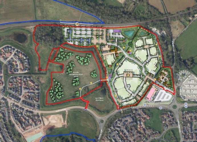Plans for 220 homes, commercial space and access to new railway station on Nynehead Way in Wellington.