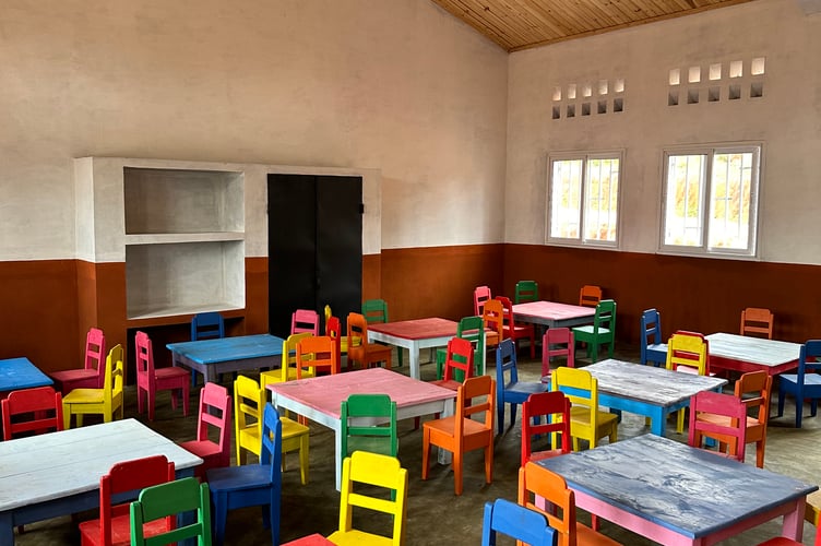 Tables and chairs in a Madagascan school funded by Court Fields School