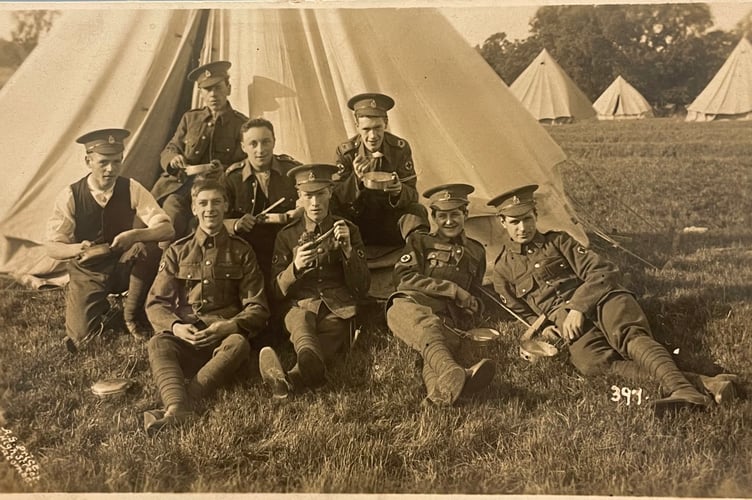 Arthur Green (far left) with the army in 1913. Photo titled "Army Manoeuvres 1913" sent to his sister Beatrice